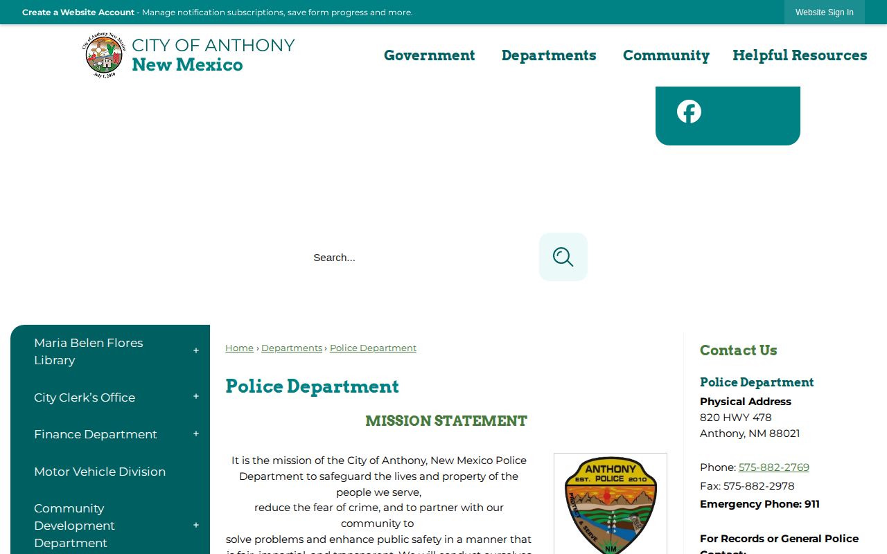 Anthony Police Department official records contact page for Anthony arrest records