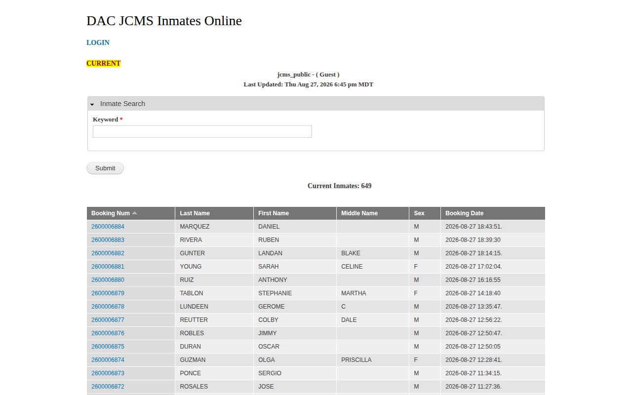 Doña Ana County current custody roster search interface